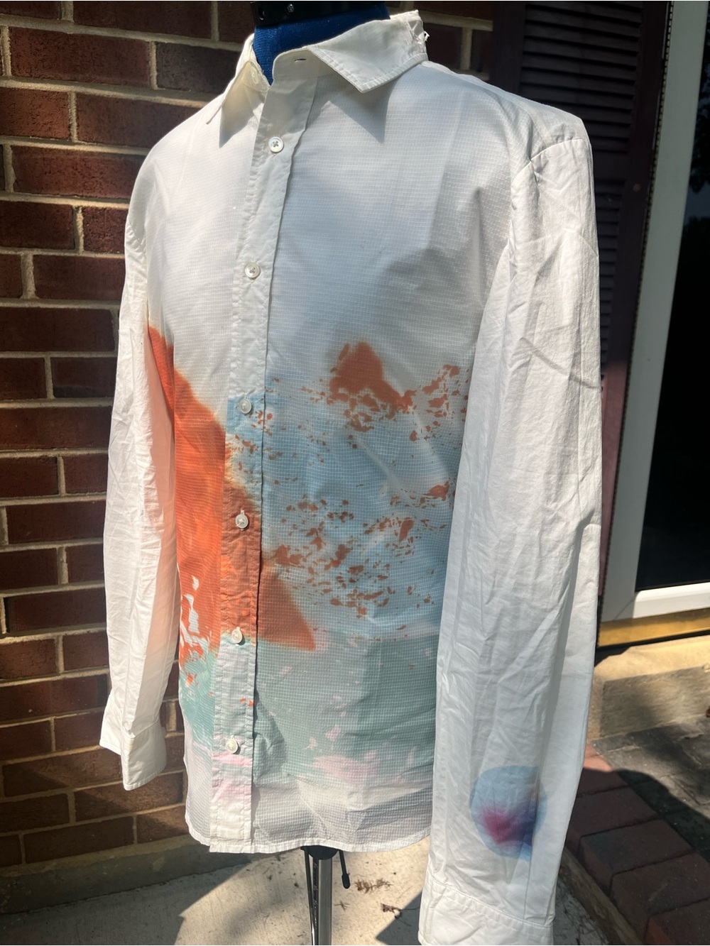 Alexander McQueen Men's White Button-Up Shirt with Orange and Aqua Print